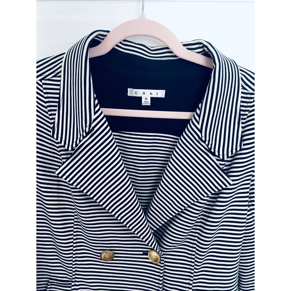 Cabi Navy White Striped Double Breasted Blazer Gold Crest Button Jacket Womens M - Picture 3 of 10